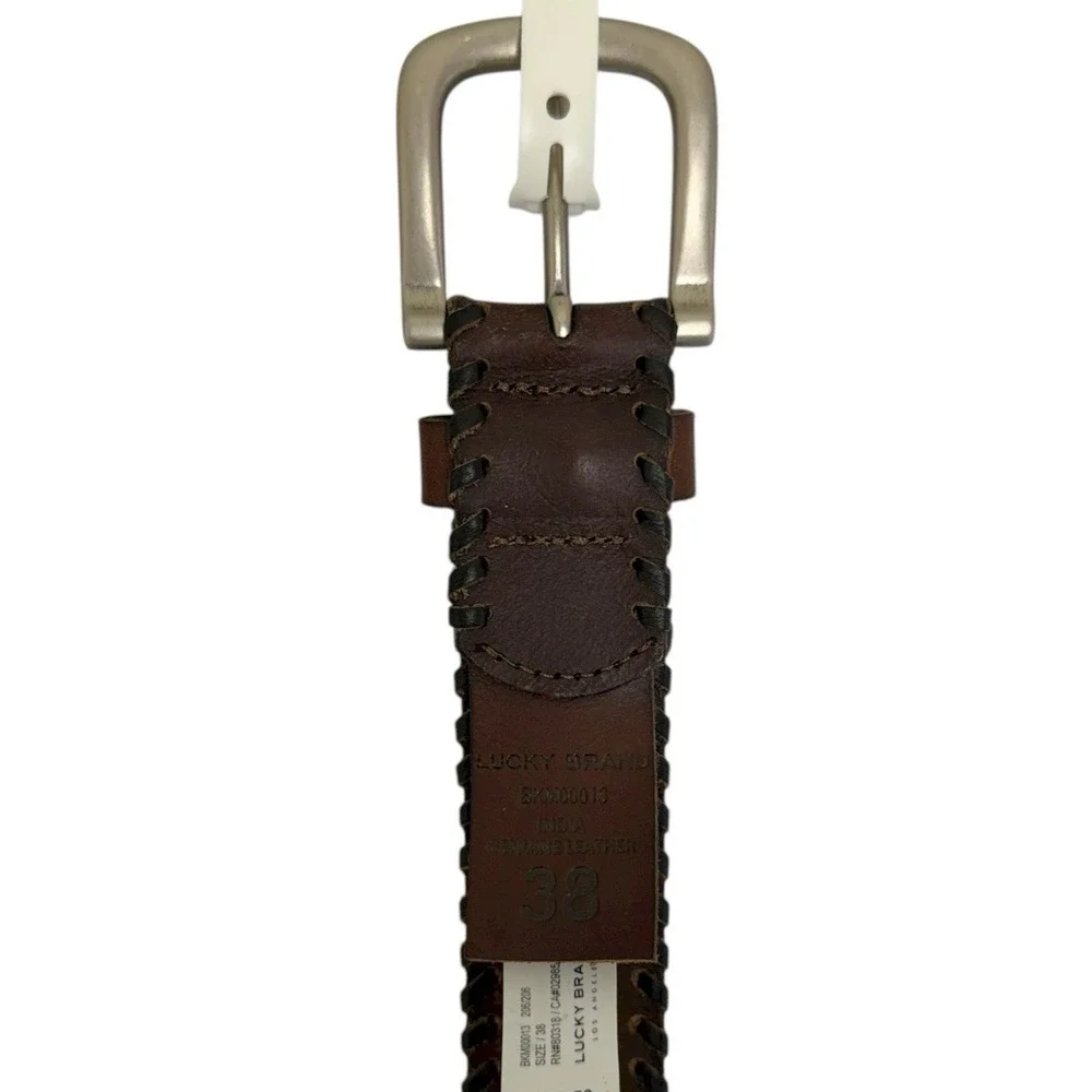 Lucky Brand Men's Size 38 Dark Brown Genuine Leather Embossed Lace Up‎ Belt NWT